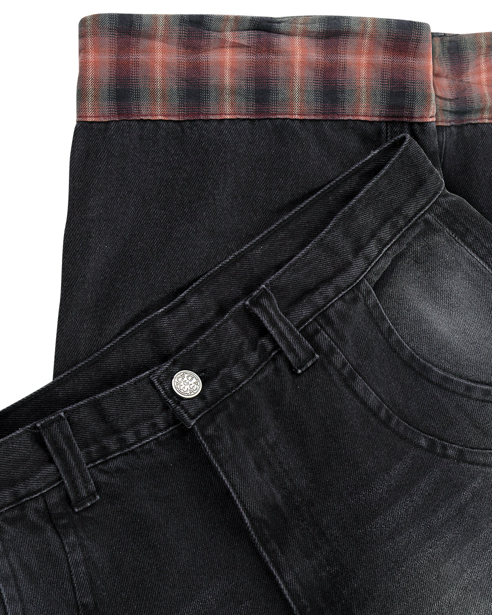 CALÇA JEANS CURVAS BARRA XADREZ
